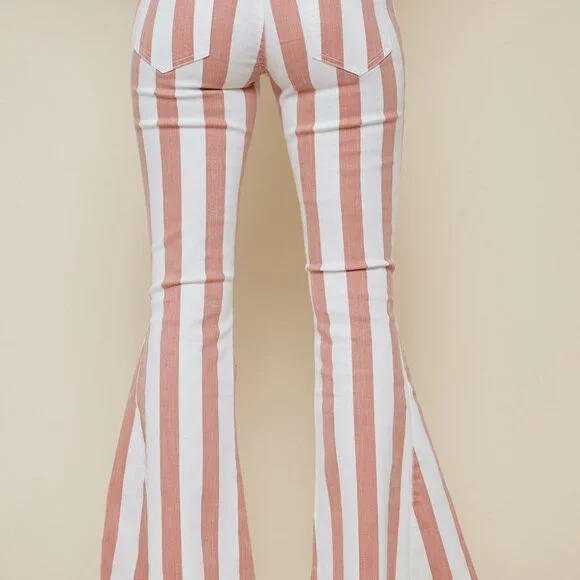 Burnt Coral Striped Washed Denim Bell Bottom Jeans - Picture 3 of 4